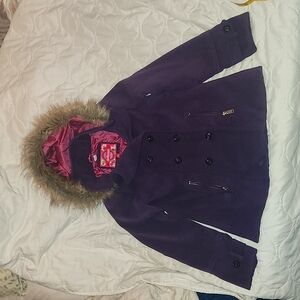 Kids Double-Breasted Peacoat with Faux Fur Hood Trim - Purple